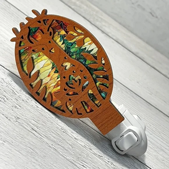 Handcrafted Wood Deer Night Light Stained Glass Style Forest LED Wall Plug-In - Picture 4 of 8